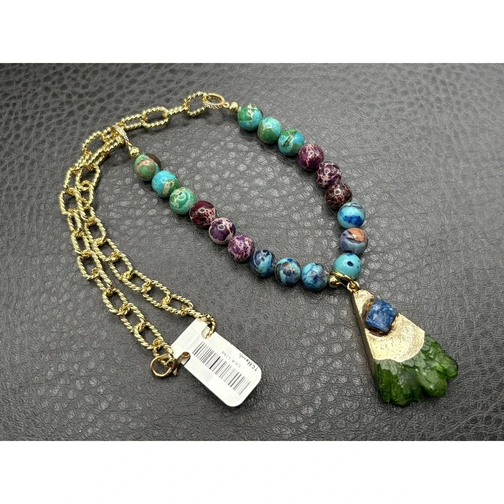 Love Lisa Gemstone Beaded Necklace Dyed Green Crystal Pendant Blue Purple 16